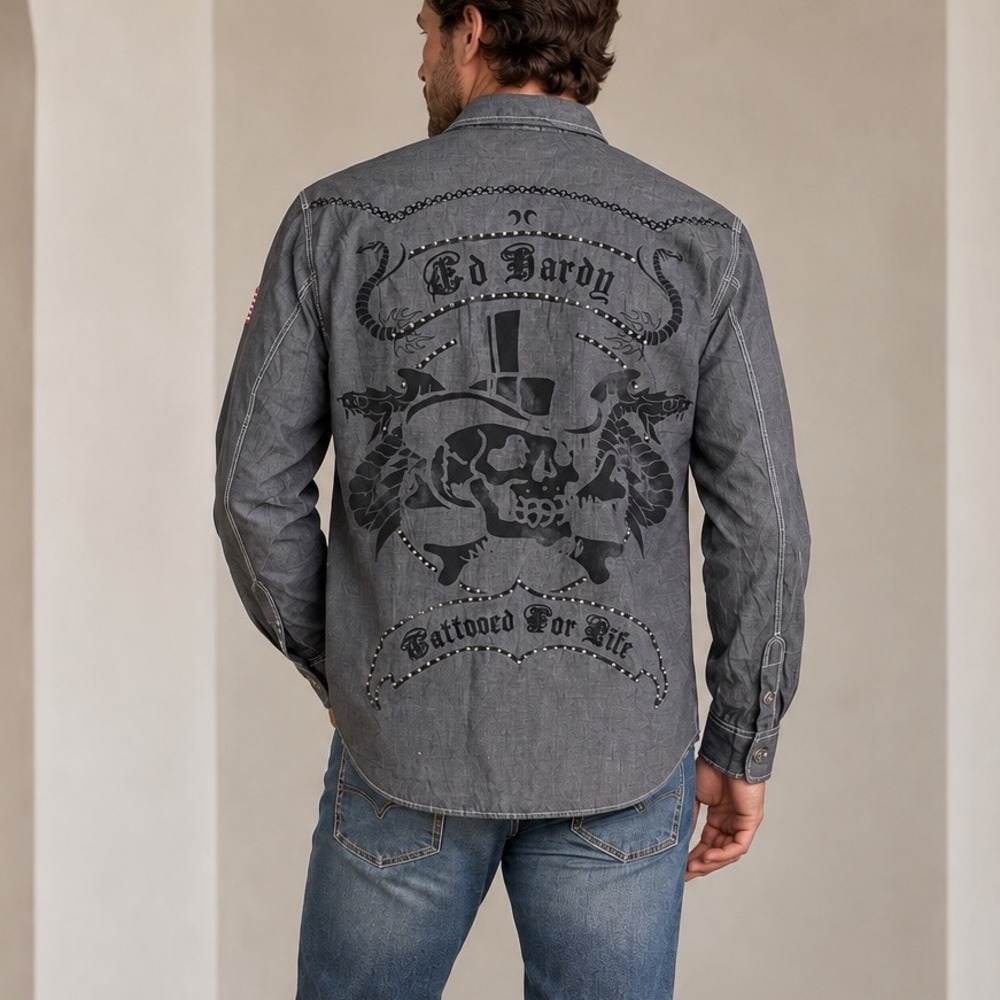 ED HARDY Christian Audigier Y2K Button Up Shirt L Skull Rhinestones Tattoo Gray